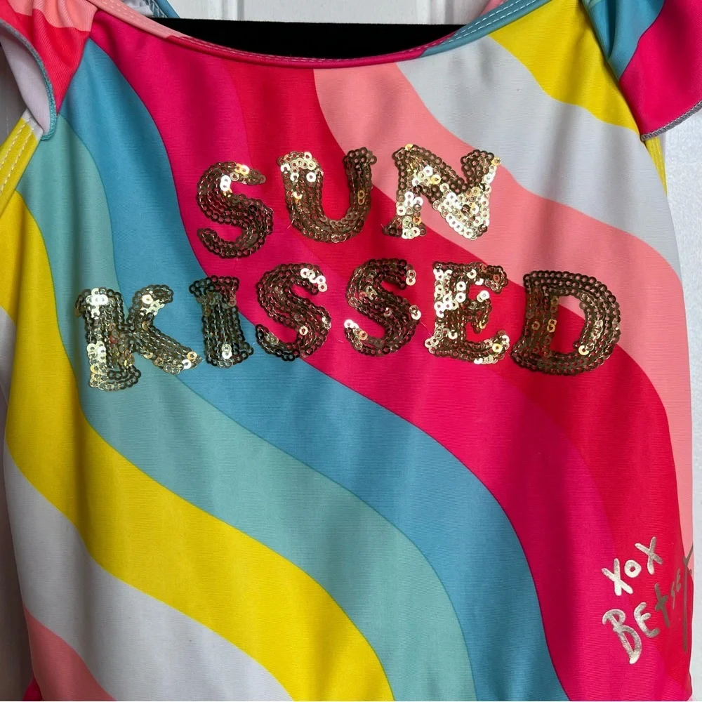 Betsy Johnson Girls ‘Sun Kissed’ Colorful Swimsuit with Pom Pom Trim. Size‎ 7/8